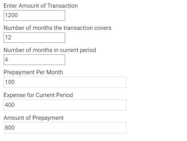 Prepayments Calculator Example